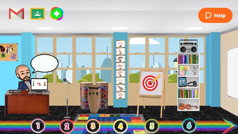 The illustrated virtual music classroom David built for remote teaching, with a desk labelled Mr. Dingess.